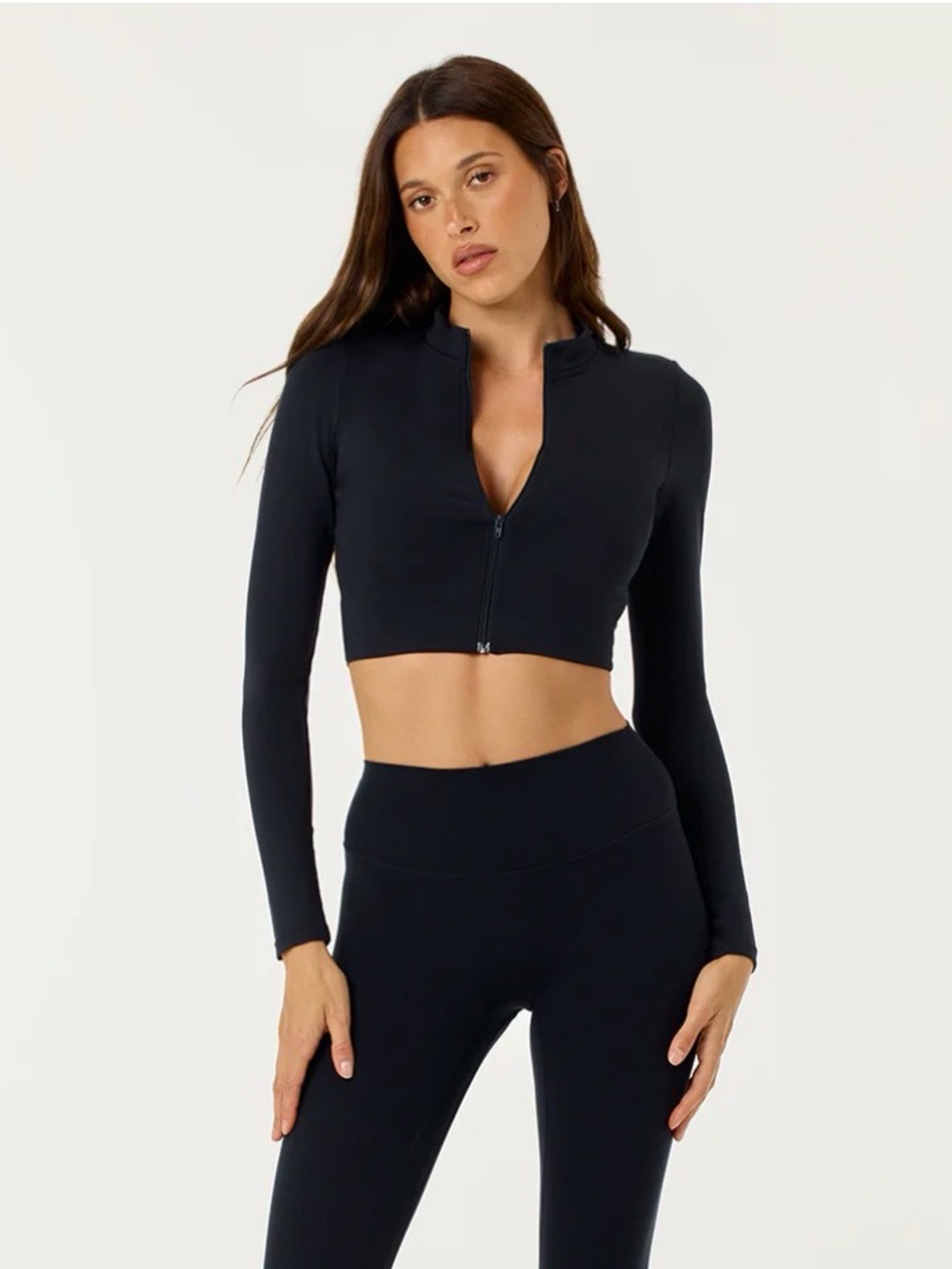 Cropped Long-Sleeve Zip Front Top in Black